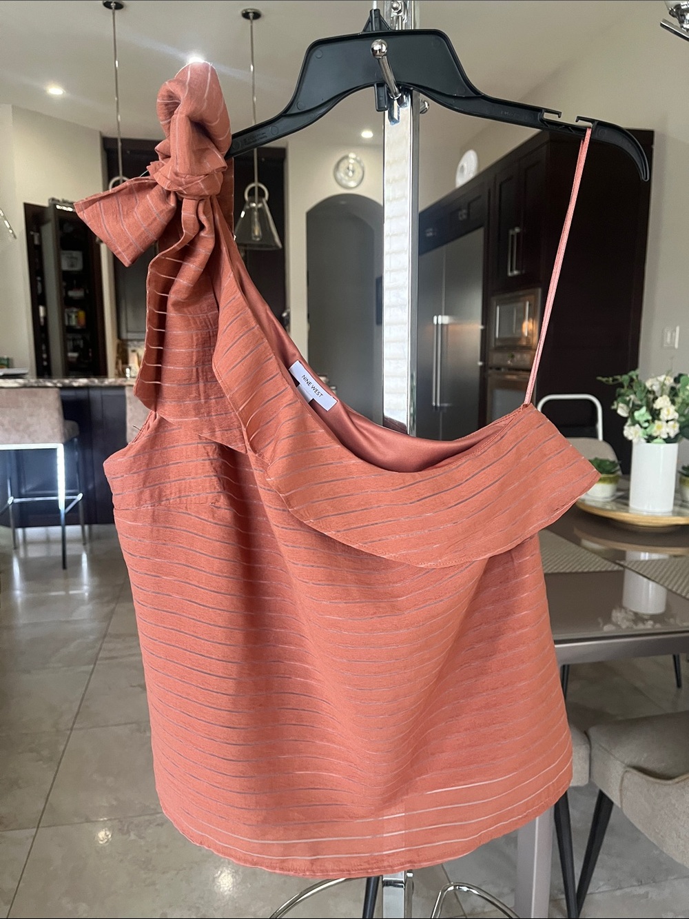 One-Shoulder Tie Strap Ruffled Tank Top in Terracotta.  Size M
